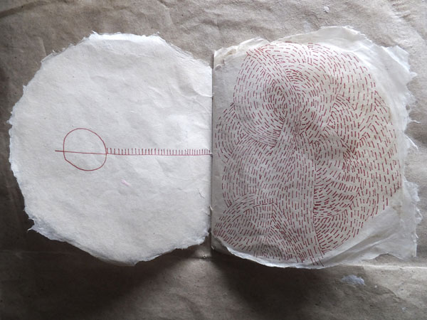 Circle book, detail, handmade flax paper, handspun kami-ito thread, drawings, 2014, 4" x 4" Photo: Christine Mauersberger