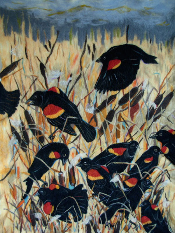 Redwings, 44" x 62", wool and silk, needle and hand felted. Photo: Robin Wiltse