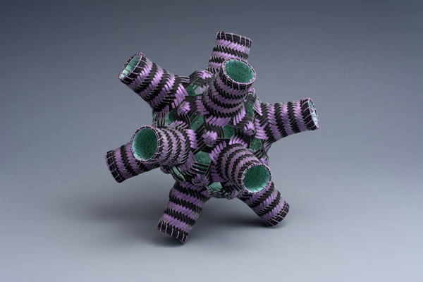 Icosahedron, watercolor paper, acrylic paint, waxed linen thread, 2014, 10 x 10 x 10", diagonal twill woven basketry, sewn rim, Photo: Ken Rowe