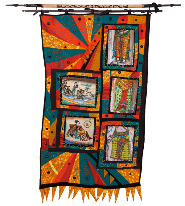 Aspara 22, 30W x 48H, fibre, textiles I collected in the region and cloth I created. Fibre techniques are drawing, painting, machine and hand sewing