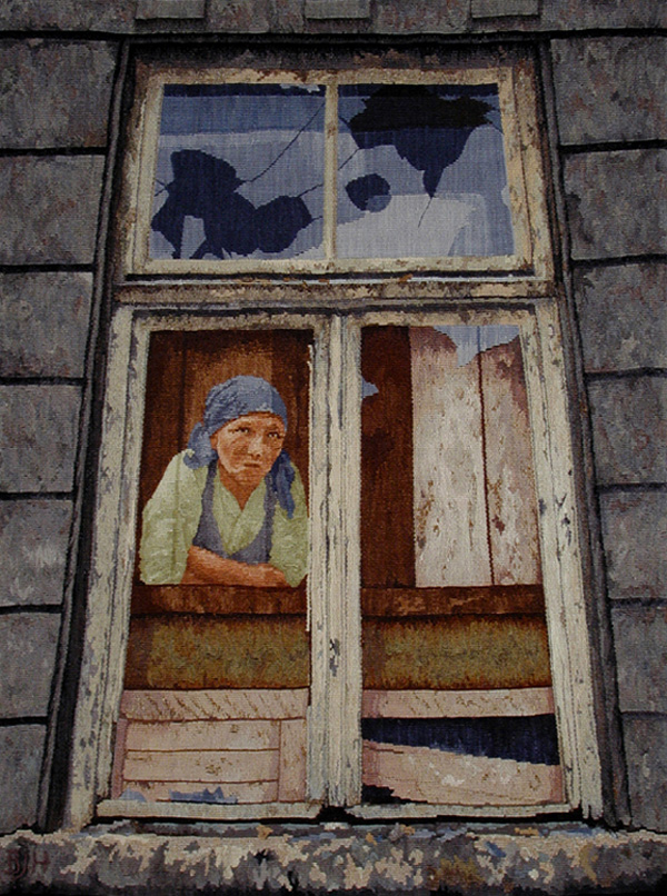 Dreams Visions Memories Diptych – Left Window, 1998, 49"x37" (125x94cm) linen warp. wool weft, woven tapestry, photo by Ted Clark of Image This