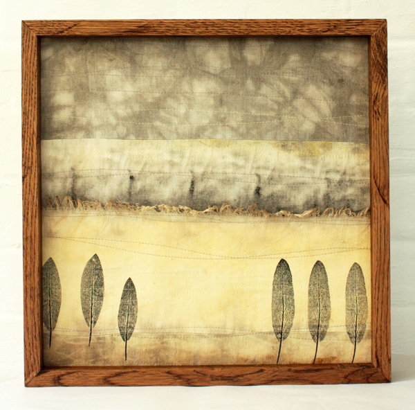 Fallow Fields no. 1, 2010, 15" x 15" leaf printed, plant dyed linen, machine stitched, reclaimed oak frame, photo: Lotta Helleberg