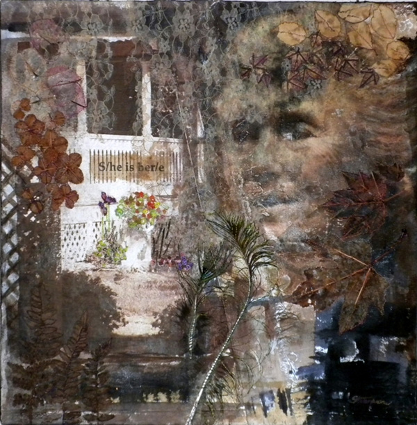 Grandmother in My Garden, 20" x 20" framed, collage and image transfer on repaired canvas, feathers and dried flowers, hand-stitching.