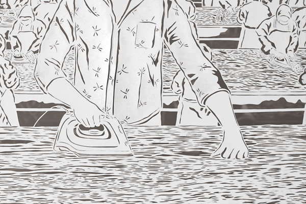 Ironing Oceans, detail, 33.25”x19.75”, Cut Paper, Chinese Rice Paper on Silk