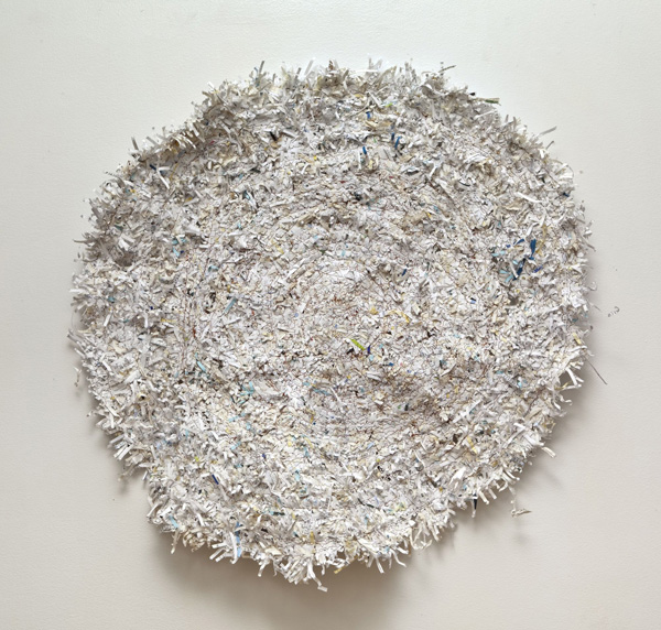 Large rug of confidential of documents from 2009, 2009, shredded paper, thread, 72 x 74 cm, Photo: Toni Hafkenscheid