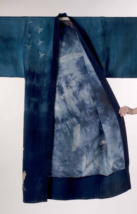 Midnight Flight, Handwoven, dyed and discharged tencel kimono. Lining is 100% silk hand dyed, screened and discharged. photo credit: Pete Paterson.