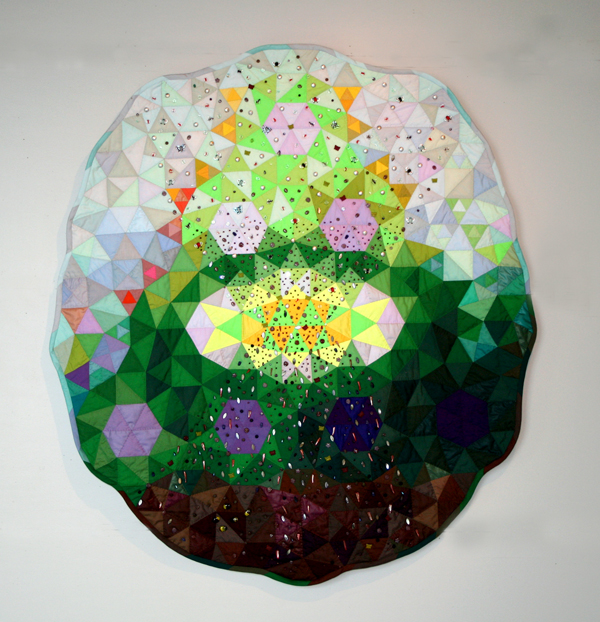 Mother Nature 2009, Quilt 50" wide x 55" high, Cottons and poly-cottons, machine pieced, hand quilted with beads. Exhibited in the Threads That Bind show at The Gallery at Sheridan Institute, 2009 World of Threads Festival. Photo: Gareth Bate