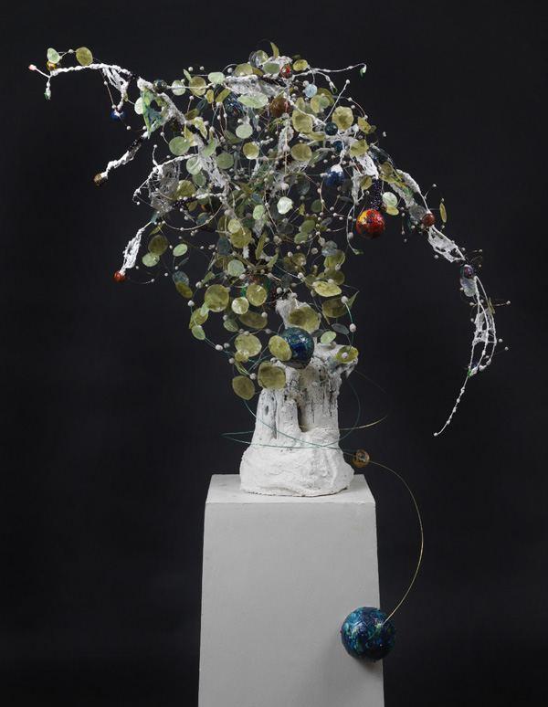New Construction Tree III, tree branch, fabric, plaster, Styrofoam, wire, clay, 3'x 2' x 2'.