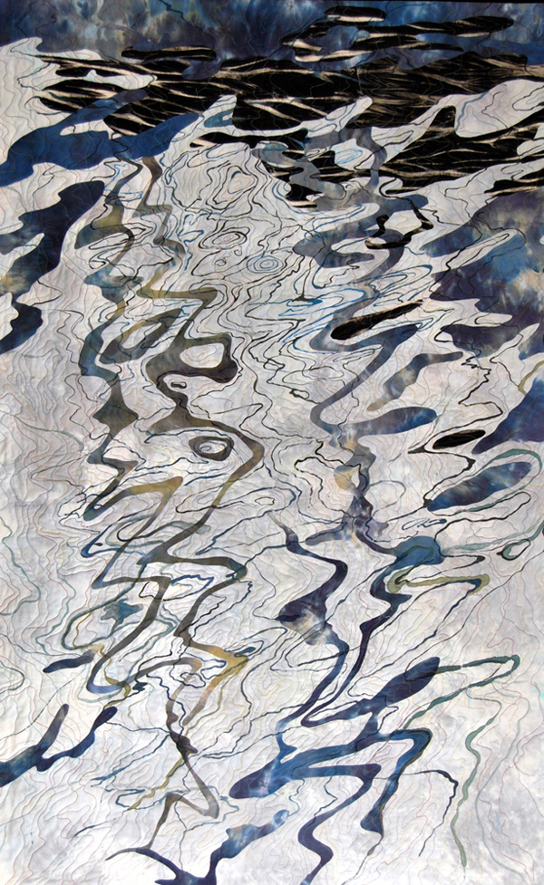 Reflections, var. 13, Honfleur, France, Hand dyed, over-dyed, collaged, fused, ink, free motion stitching, 42 x 58, 2009