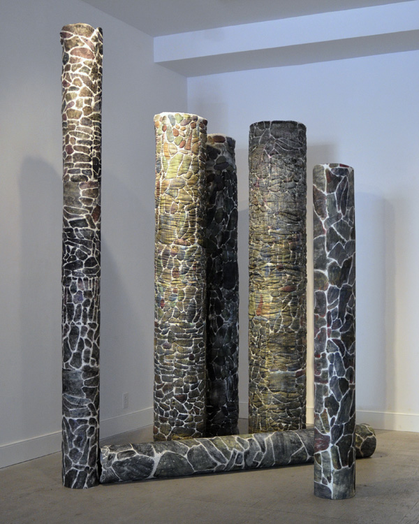 Rock Shafts, woodblock printed silk covered columns, average height: 65 inches, 2010
