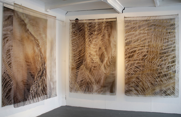 Shimmer I, II & III, 2011, each 200 x 130 x 30cm, digital print on silk satin and silk organza – Norwich University College of the Arts installation