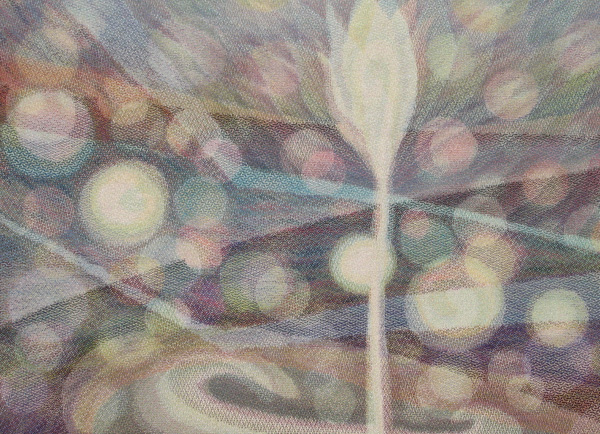 A Phase of Light: Sprout 1, Weaving: combination of warp painting and weft painting hand plied yarn of cotton, silk, linen, and rayon, fiber reactive dyes, 77.5 x 104