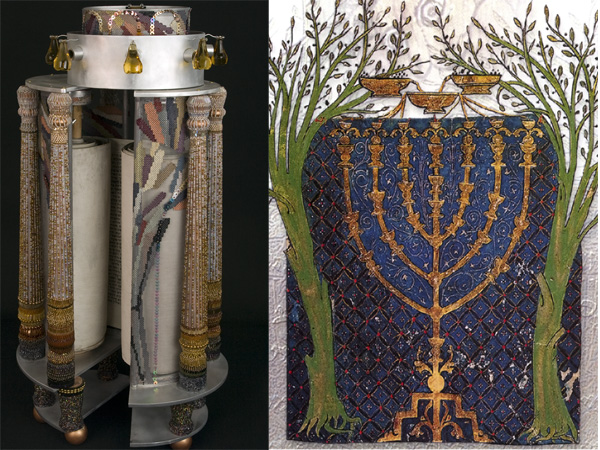 "Layers of Light' Tik [hard Torah case] and Neir Tamid [Eternal Light], Collaboration with Dorothy Ross, 76 x 36 x 25 cm (30 x 14 x 10 in), Beads, threads, wood, fiberglass screening, LEDs, glass, beading, embroidery, construction, aluminum structure: James Maxwell; lighting wizards: Dr. William Gentles, Dr. Roel Wyman. Photo on left: Russ Jones; photo on right: Paul Kay.