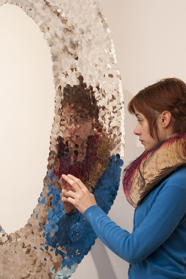I'll Be Your Mirror, 2008. Mirror paillettes with viewer participation, 5' x 3 ½'. Photo: Matthew Hollerbush