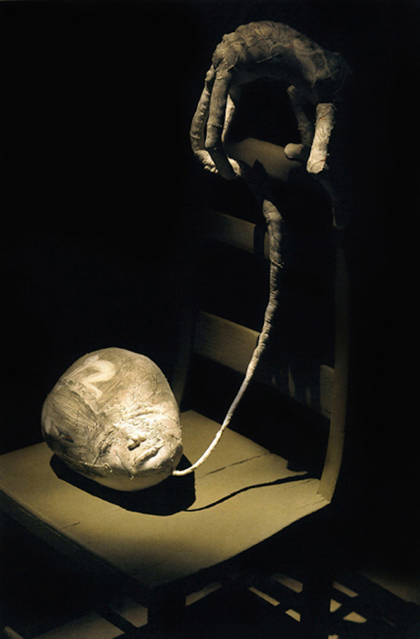 Sleep, 2002. Cotton fabric, acrylic ink, wire armatures filled with rigid polyurethane foam, wooden chairs and table. Installation at Art Gallery of Hamilton. Photo credit: Isaac Applebaum.