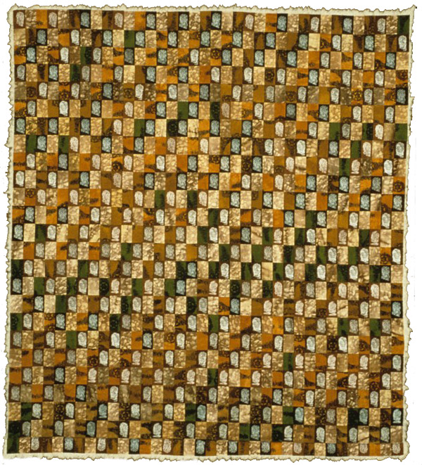 Annette Dress 2/11/31, 73 x 82, Hand dyed fabric, silkscreen, van dyke print, machine pieced, hand quilted, batting edge exposed. Photo: Mark Frey.