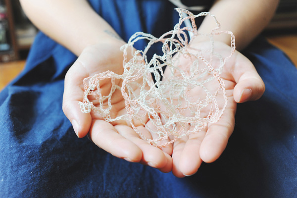 Hand-spun Paper Forms, 2011, Kozo papers, crochet, konnayaku starch. Various sizes. Photograph: Natasha Bardin