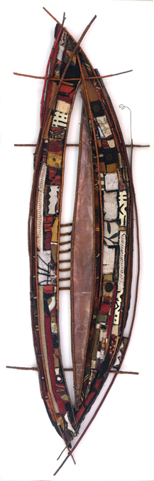 Anchoring, Embellished, found and new textiles, African bark cloth, stone, copper
20" X 60", 2012, Photo credit:  Mark Vander Vennen