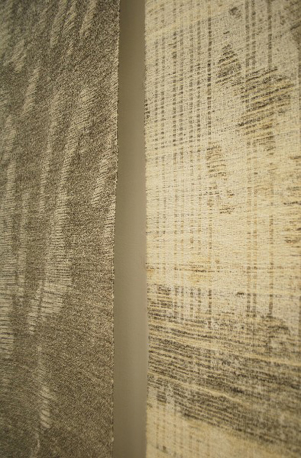 Detail: Noise 1207 and 1208, two panels each 218.5 H x 52.5 cm, W silk, hemp, ramie, sumi, Jacquard weaving. Photo: M Kelly-Frère.