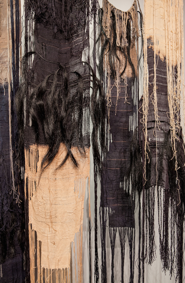 Shrouds, detail, 2014, 8’H x 4 ½’W x 3’D, hand-dyed linen, horsehair, bleach. Technique: Hand-woven, hand-dyed tapestries using plain weave. Warp is linen, weft is linen & horsehair. Photo: 