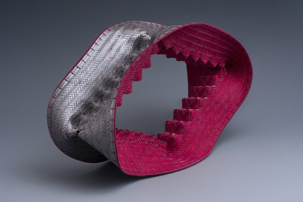 Threshold, watercolor paper, acrylic paint, waxed linen thread, 2014, 16 x 10 x 6", diagonal twill woven basketry, sewn rim, Photo: Ken Rowe