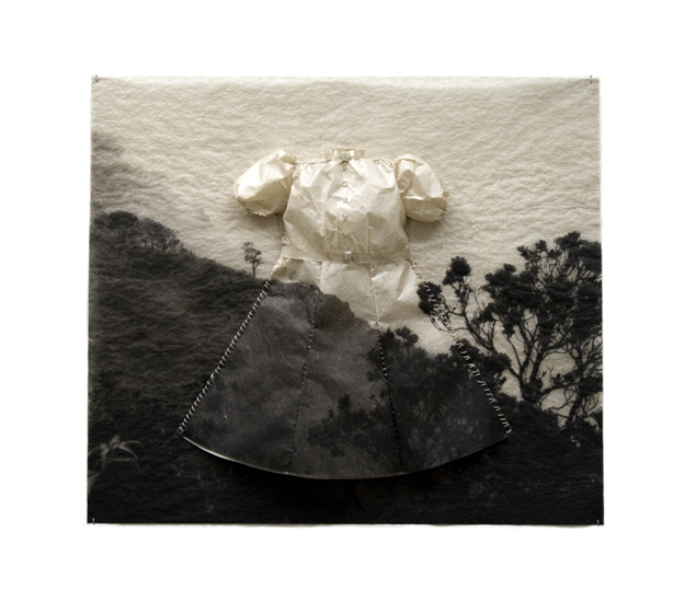 Caught in Between, 2010, Photogravure etching and thread, 14" x 14" x 1"