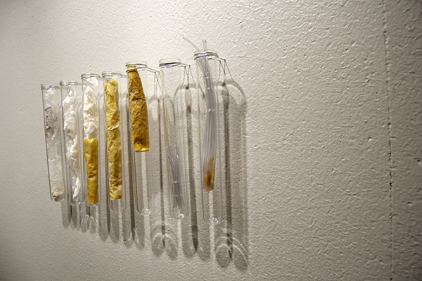 Core Samples piece, IN PROGRESS, 2012-materials: test tubes, plastics, papers, polyfill stuffing, human hair, fingernails, aluminum cans techniques: fiber fusing and stiffening, hand-stitching, waxing photo: Megan Bostic