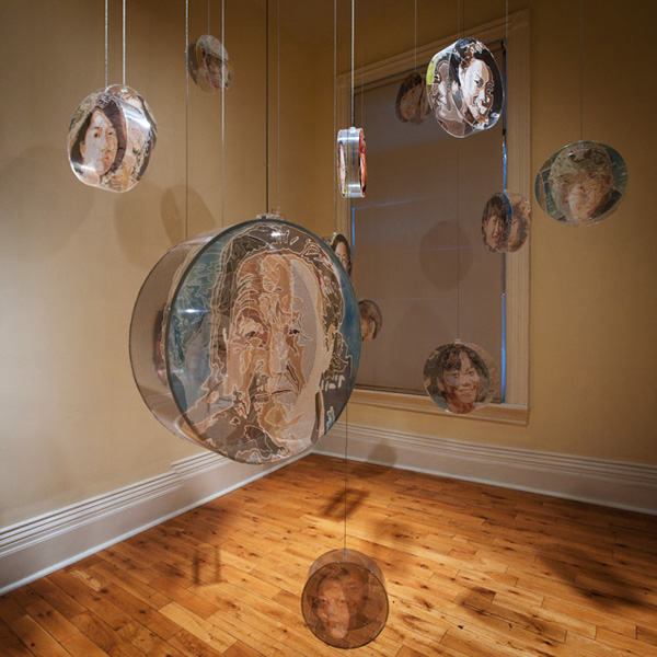 Face to Face Past and Present, 2011, 10x10x3 each, silk painting Plexiglas, Xiaoging Yan, shown at Gladstone Hotel, Come Up To My Room