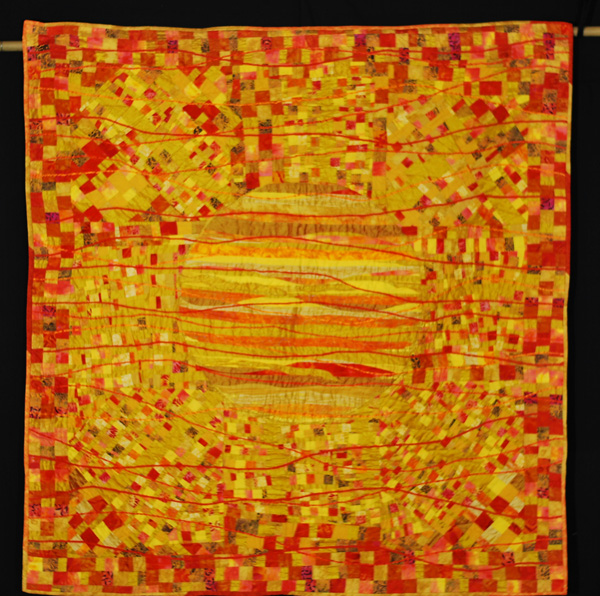 Le Soleil, 50 x 50", Dupioni silk, cotton, yarn and ribbon couching strips
My inspiration for the small background pieces was from Klimt paintings