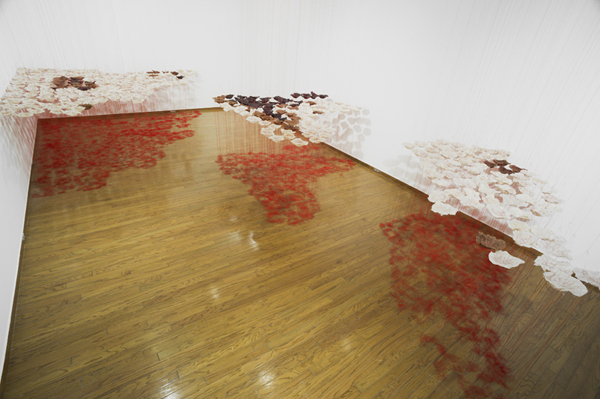 Rice is Life, sushi, red & black rice, threads, 2014, tied threads, cooked rice, installation: Everson Museum, Syracuse, New York, USA, photo: David Broda.