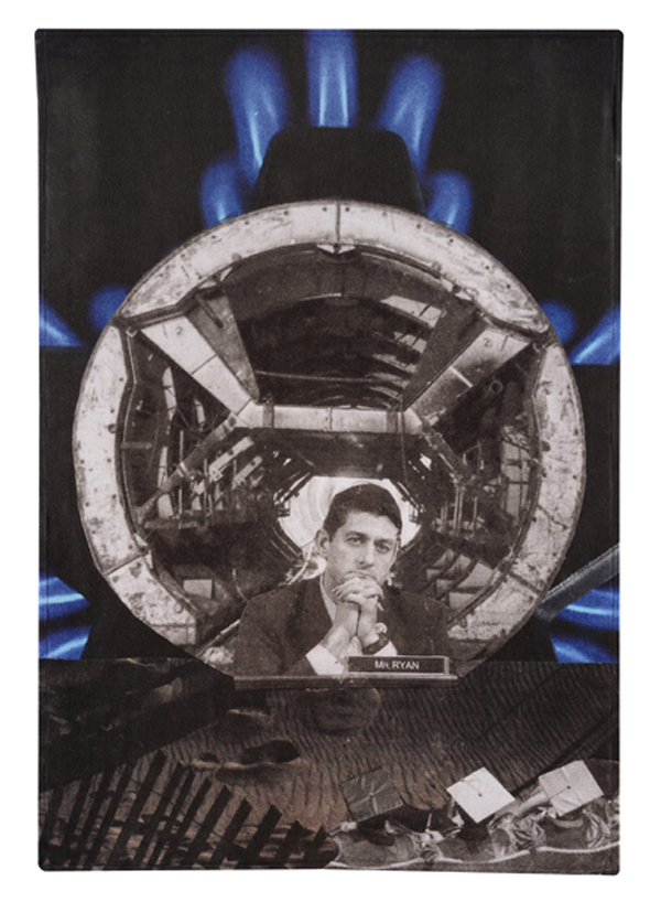 Ensconced in Luxury as Terror Pays a Visit, NY Times 10/29/2013. Quilt hand-cut newspaper collage, fleece, commercial cotton fabric, canvas, digital print and machine quilted, 2014 47" x 33", Photo: Tom Fitzpatrick