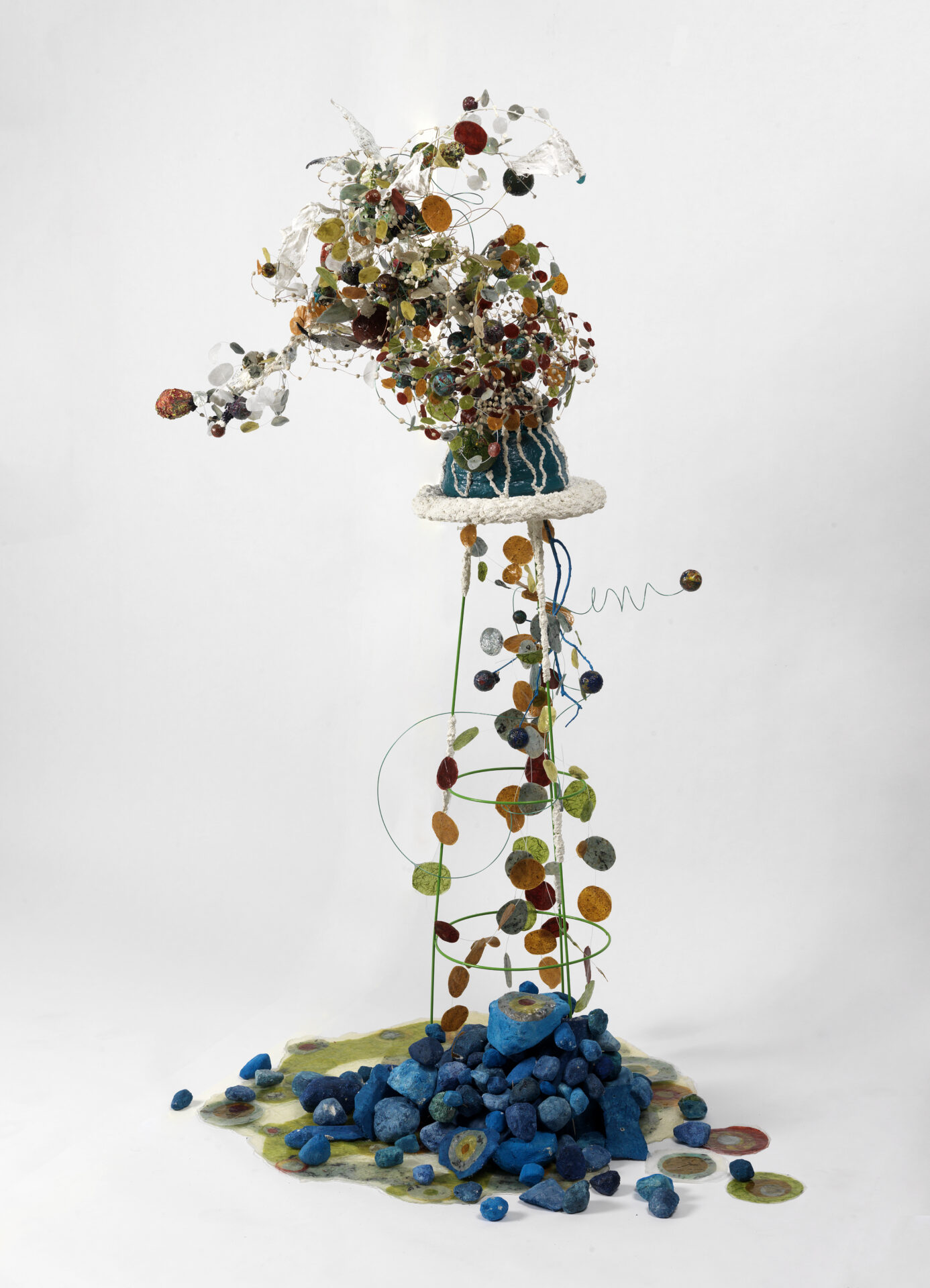 New Construction Tree IV, tree branch, plaster, Styrofoam, wire, clay, paper, fabric, 5' x 5' x 5'.