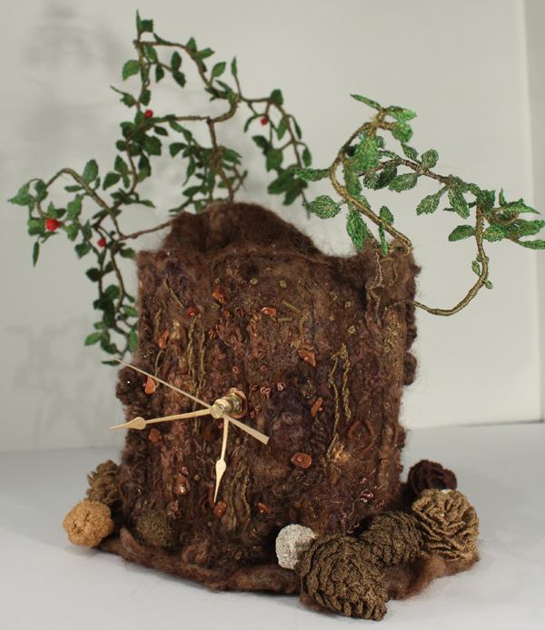 Nursury Tree, wired felt hand and machine embroidered with machine stitched wire branches and leaves, 15" x 12" x 7"