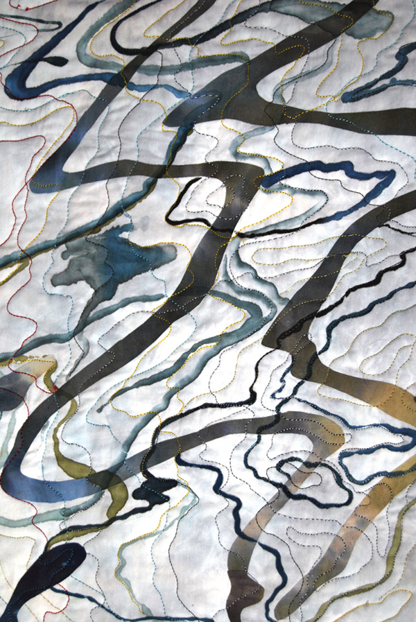 Detail: Reflections, Honfleur, France, var. 13. Hand-dyed, over-dyed, collaged, fused, free motion machine stitched, ink. 2009, 42 x 58.