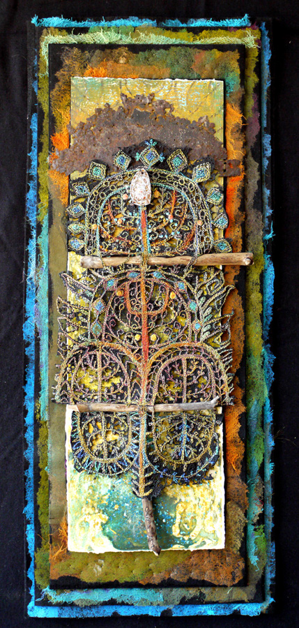 Steps of Time triptych, 2009, Monoprint on paper sttitched burned felt, 10"x24". Photo by artist.