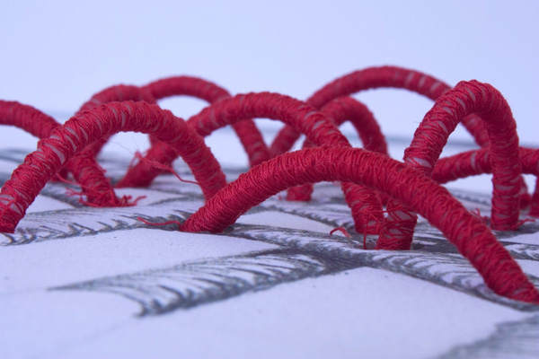 Working models – exploring the relationship between cloth and stitch, photocopied drawing, polythene tubing, rayon threads