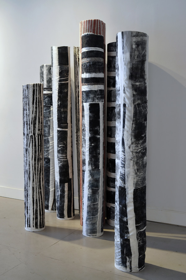 Stripped Shafts, woodblock printed silk covered columns, average height: 65 inches, 2010