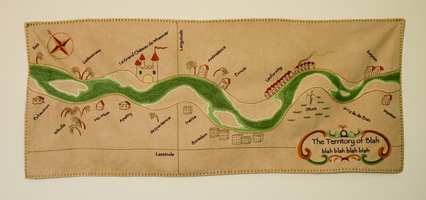 The Territory of Blah, 2008, 111cm wide x 47cm high, hand embroidery on cotton/linen dyed with tea