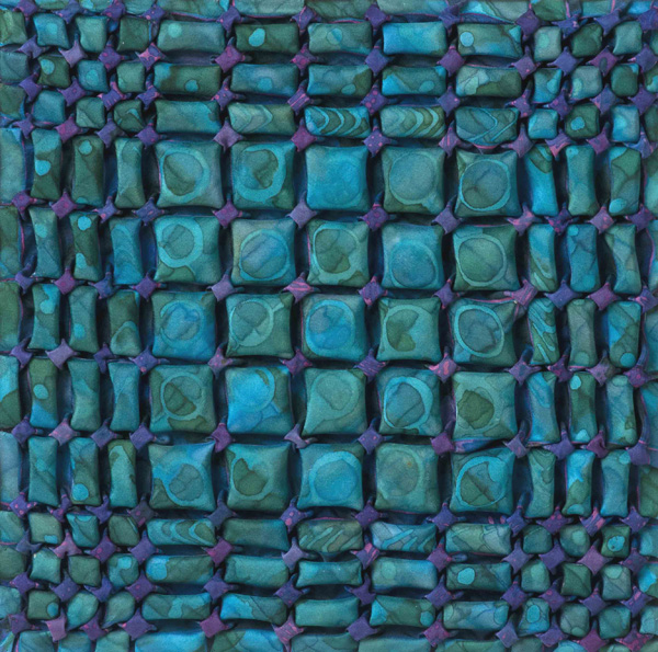 Overshot Variation I, 06/2011, 30x30x2 cm, 100% silk, Fibre reactive Smocked hand painted silk, dyes, gutta resist, photo: Pete Paterson.