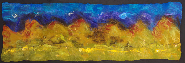 Toward the Rockies, 2010, 24Hx62Wx1D inches framed. Mounted on silk. Merino wool, silk roving, throwster's waste silk, Tsumugi wrapped silk yarn, alpaca fibre, linen yarn, handspun cricula silk, silk fibre, wool fibre, embedded organics: hemp bark, sweet grass, catalpa pods, cricula cocoons, silk wrapped jasmine dragon pearl tea leaves. Technique: handmade felt-wet felting, photo: Shawna Eberle