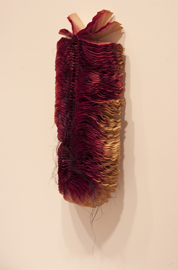 Give and Receive #23, 2008. Machine-sewn coffee filters stained with blackberry tea and thread, approx. 18" x 10" x 4 ½".