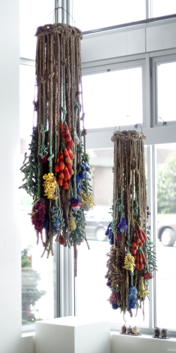 Flora Plastica, crocheted plastic bags, steel support & cable, installation: Schack Art Center, Everett, WA, Photo: Ken Rowe