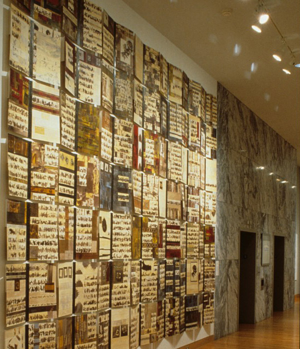 Installation, Quire: Book of Findings, 160 x 210 inches, Hand dyed fabric, van dyke print, drawn and rubbed with dye stick, embellished with French knots, fabric stiffened and then waxed, full metal hinge in center. Photo: Mark Frey.