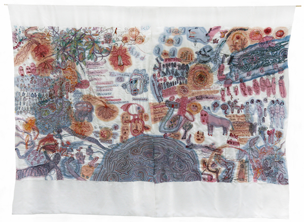 Bagatelles3-4 front, 2011, Hand embroidery and acid dye on 3 layers of silk, 210x280cm, photo: Istvan Zsako