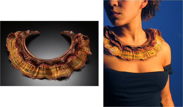 Autumn Collar, 2004. Copper, cotton and ikat dyed rayon. Double-cloth on 4 harness floor loom. Fold-formed, forged copper. 9" x 11" x 2"
