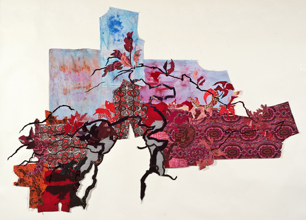 Ladies of Weir Farm, 7'x5', deconstructed dresses, painted and printed deconstructed repurposed clothing and linens, commercial fabrics, screen, machine stitching. Photo: Susan Byrne Photography.