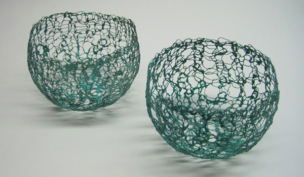 The Message, 2012, Handwoven copper wire in undulating twill with supplemental weft, embroidery and wax. 32 cm h by 40 cm w x 1 d.