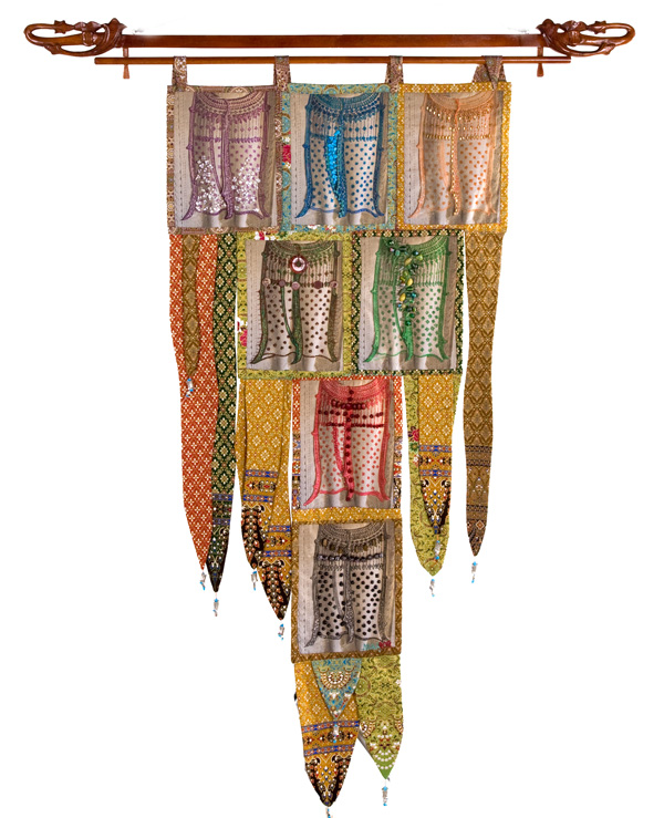 Aspara 3, fibre, textiles I collected in the region and cloth I created. Fibre techniques are drawing, painting, machine and hand sewing