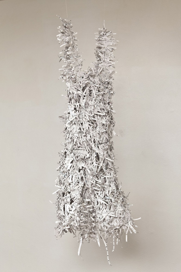 Dress made from (2000) income tax return, 2009, shredded paper, thread, 71 x 38 x 18 cm