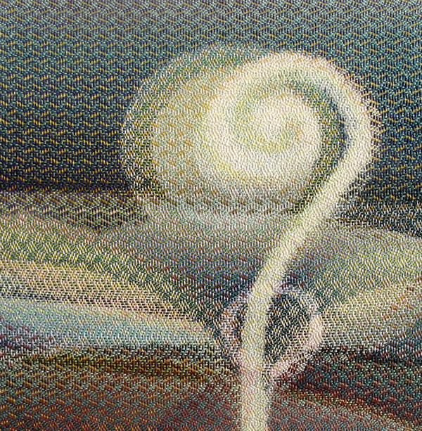 A Phase of Light: Early Morning 2, quilting (silk, beads), Weaving: combination of warp painting and weft painting hand plied yarn of cotton, silk, linen, and rayon, fiber reactive dyes, 52 x 52